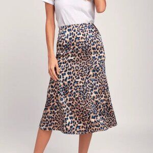 Lulu's Satin Tan and Navy Blue Leopard Print Midi A-line Skirt